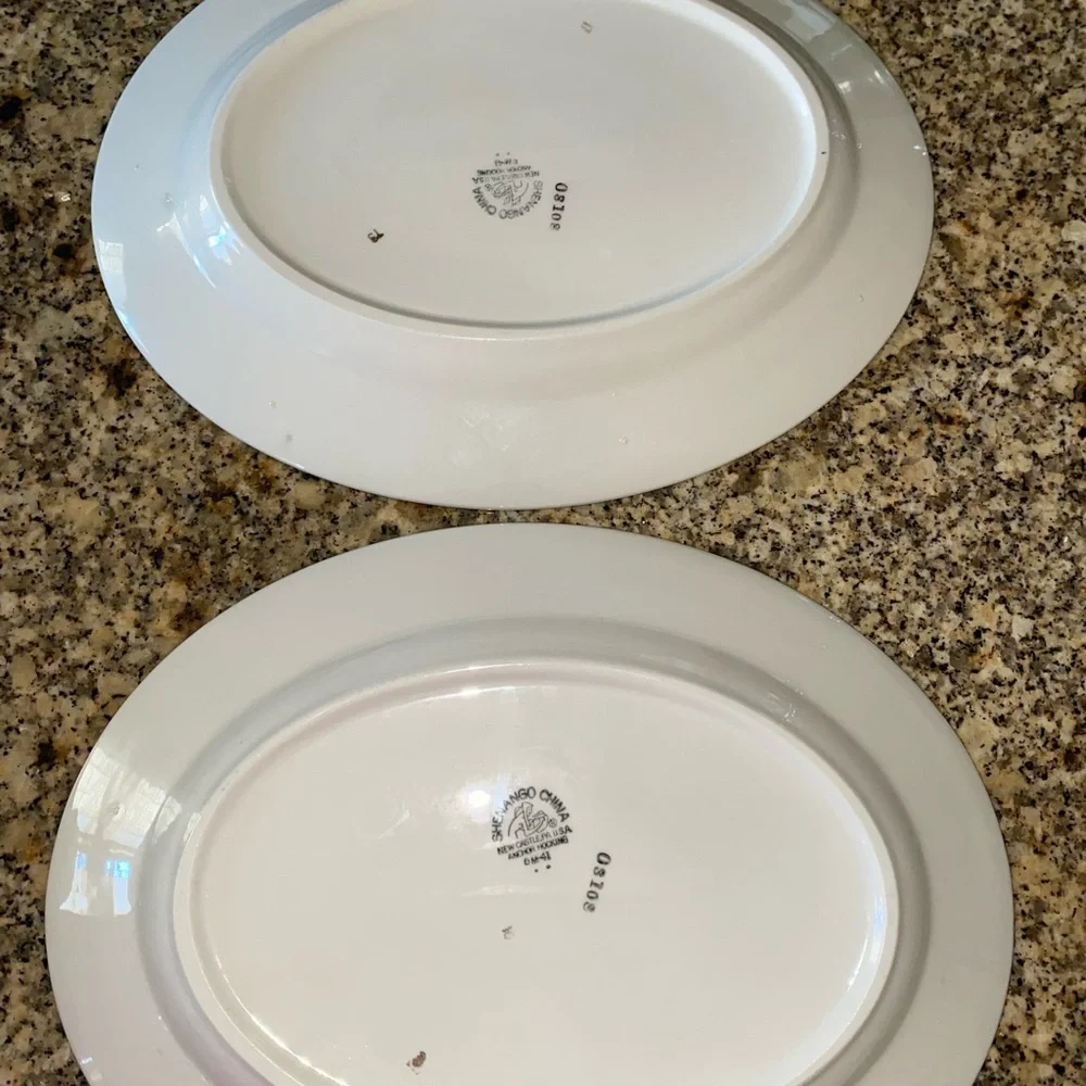 2 Mid Century Modern Shenango China Grecian Gold Black Band Oval Plates 12”x 9.5